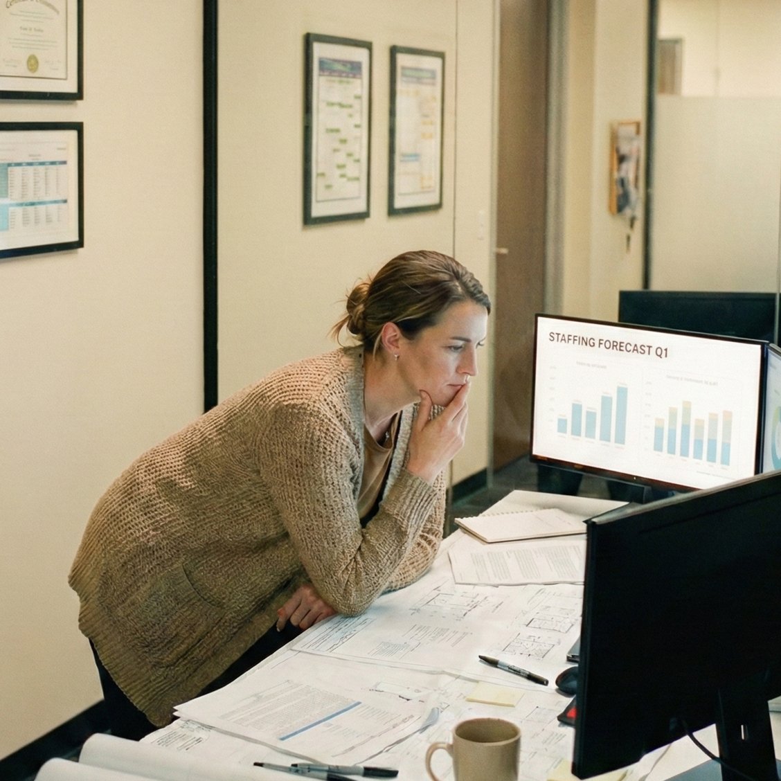 Eine Frau mittleren Alters mit braunen, zu einem Dutt gebundenen Haaren und einem beigen Strick-Cardigan steht vorgebeugt an einem Schreibtisch in einem Büro mit cremefarbenen Wänden und Glaswänden. Sie stützt ihr Kinn nachdenklich auf eine Hand und betrachtet konzentriert zwei Computerbildschirme. Auf dem linken Monitor ist ein Balkendiagramm mit dem Titel 