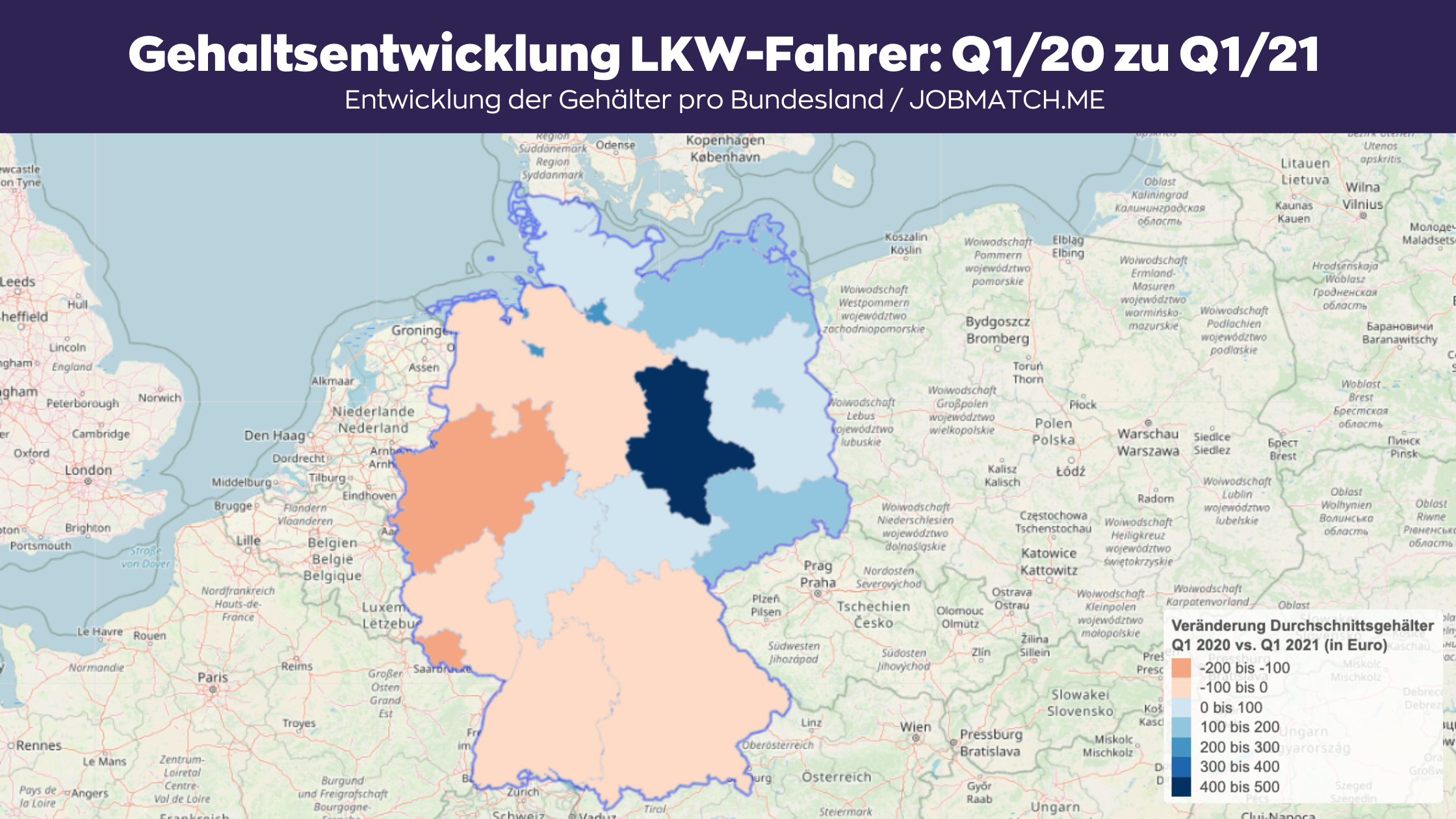 Deutschlandkarte mit den Gehaltsveränderungen von LKW-Fahrern nach Bundesländern